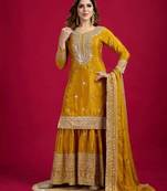 Mustard art silk embroidered sharara set