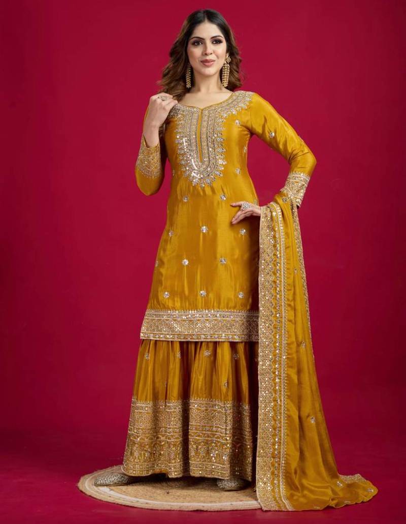 Mustard art silk embroidered sharara set