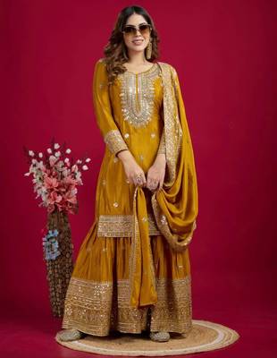 Mustard art silk embroidered sharara set 2