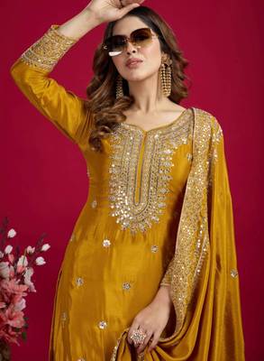Mustard art silk embroidered sharara set 3