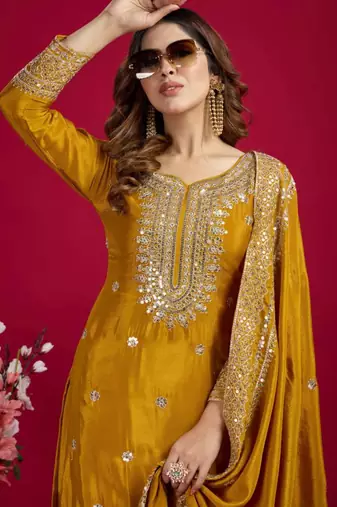Mustard art silk embroidered sharara set