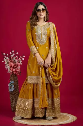 Mustard art silk embroidered sharara set