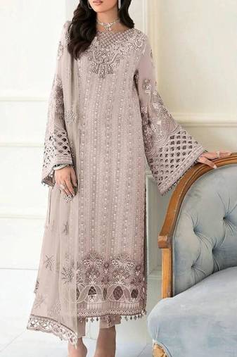 Beige faux georgette embroidered kurta set