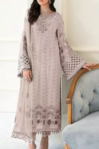 Beige faux georgette embroidered kurta set