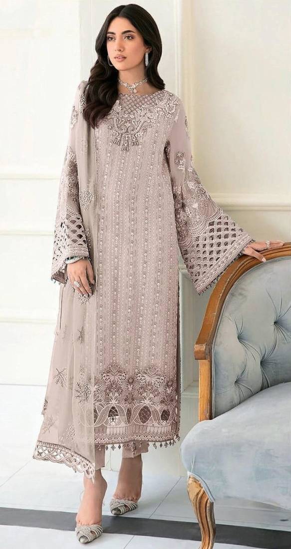 Beige faux georgette embroidered kurta set