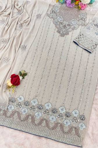 Beige faux georgette embroidered kurta set