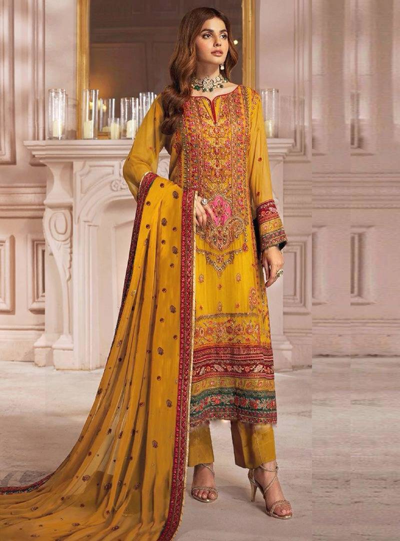 Yellow georgette embroidered salwar suit