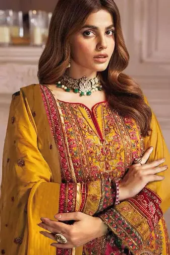 Yellow georgette embroidered salwar suit