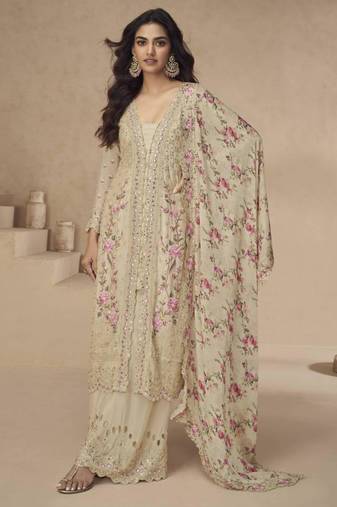 Cream silk embroidered palazzo set