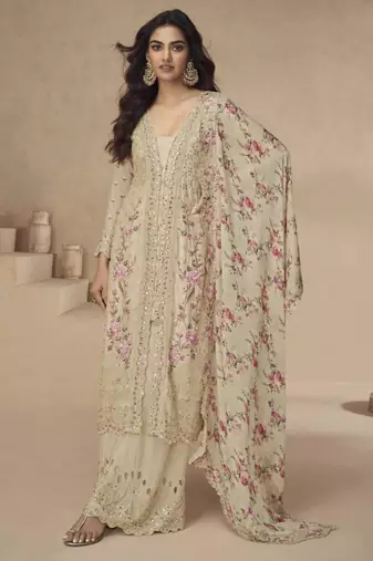 Cream silk embroidered palazzo set