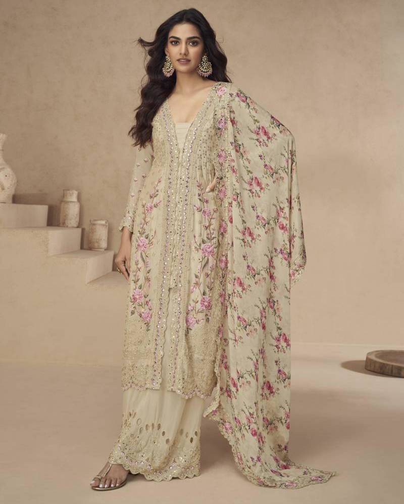 Cream silk embroidered palazzo set