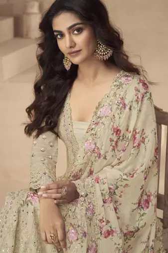 Cream silk embroidered palazzo set