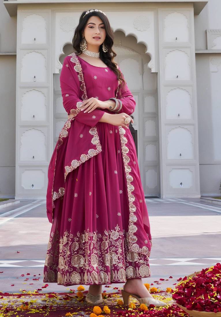 Georgette heavy cording sequence & bids embroidery work new festival long gown & duptta