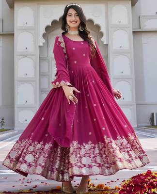 rani pink georgette embroidered long gown with dupatta 2