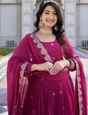 rani pink georgette embroidered long gown with dupatta 3