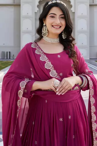 rani pink georgette embroidered long gown with dupatta