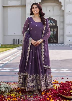 purple georgette embroidered long gown with dupatta 1