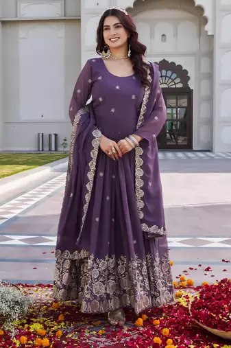 Georgette heavy cording sequence & bids embroidery work new festival long gown & duptta