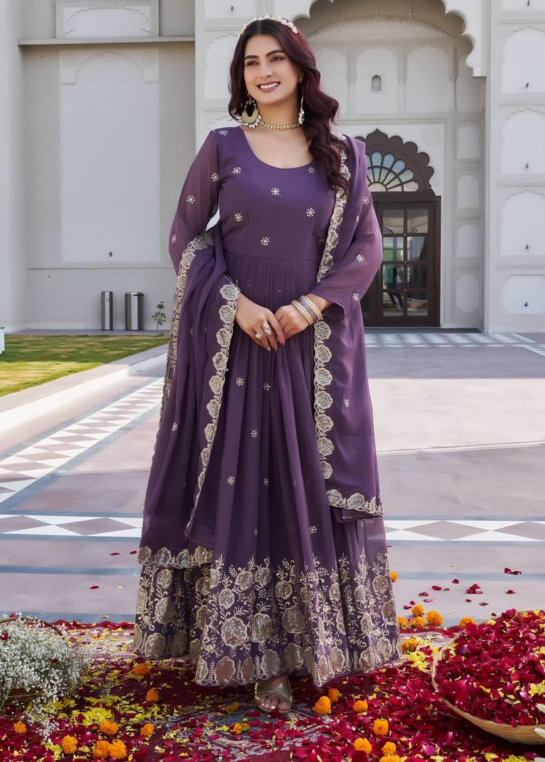 Georgette heavy cording sequence & bids embroidery work new festival long gown & duptta