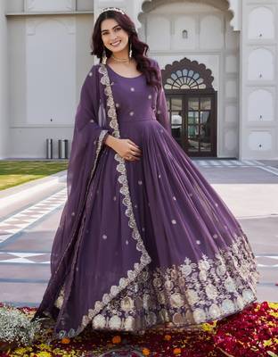 purple georgette embroidered long gown with dupatta 4