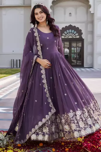 purple georgette embroidered long gown with dupatta