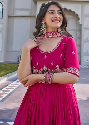 rani pink crepe silk embroidered long gown with dupatta 2