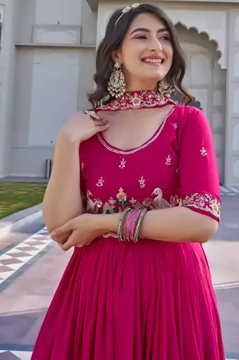 rani pink crepe silk embroidered long gown with dupatta