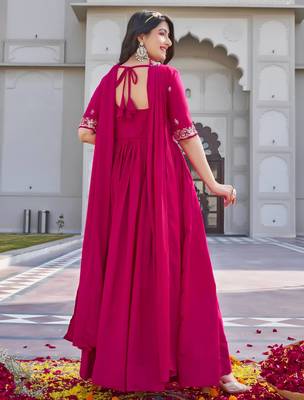 rani pink crepe silk embroidered long gown with dupatta 3