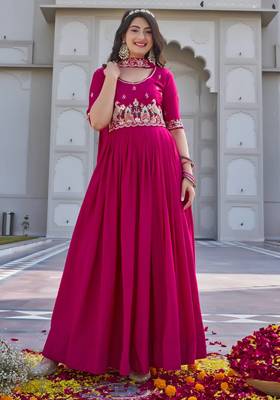 rani pink crepe silk embroidered long gown with dupatta 4