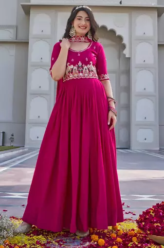 rani pink crepe silk embroidered long gown with dupatta