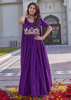 purple crepe silk embroidered long gown with dupatta 1