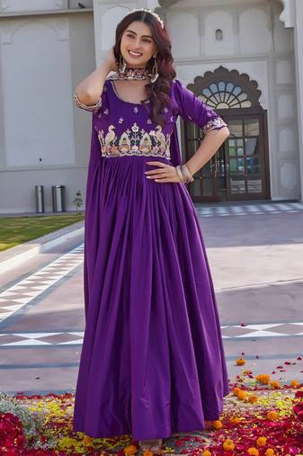 purple crepe silk embroidered long gown with dupatta