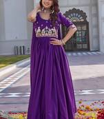 purple crepe silk embroidered long gown with dupatta
