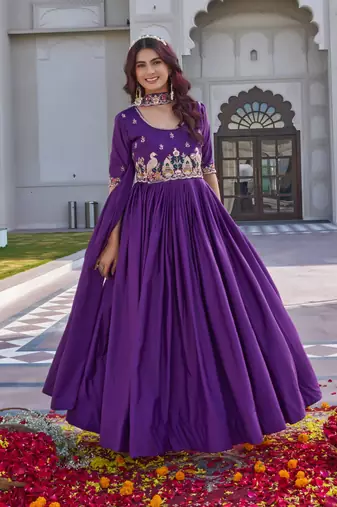purple crepe silk embroidered long gown with dupatta
