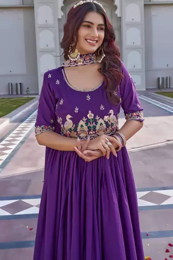 purple crepe silk embroidered long gown with dupatta
