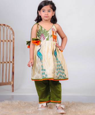 beige paithani silk kurti with green cotton silk pant for girls 1