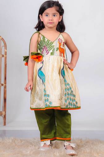 beige paithani silk kurti with green cotton silk pant for girls