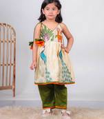 beige paithani silk kurti with green cotton silk pant for girls