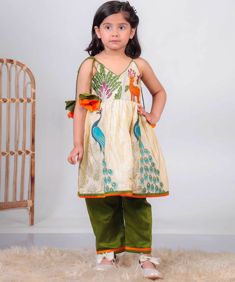 beige paithani silk kurti with green cotton silk pant for girls