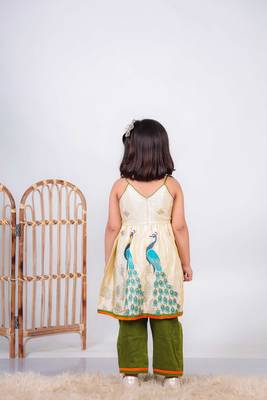 beige paithani silk kurti with green cotton silk pant for girls 2
