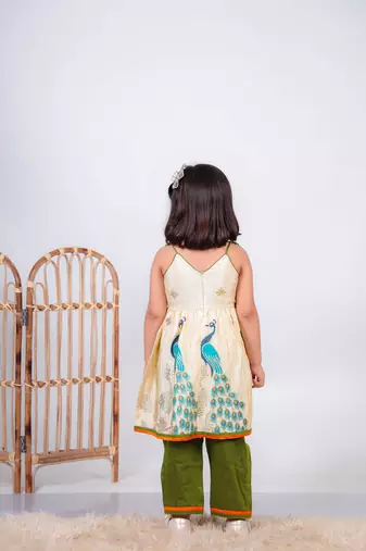 beige paithani silk kurti with green cotton silk pant for girls