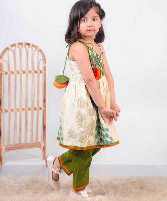 beige paithani silk kurti with green cotton silk pant for girls 3