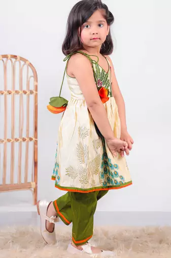 beige paithani silk kurti with green cotton silk pant for girls