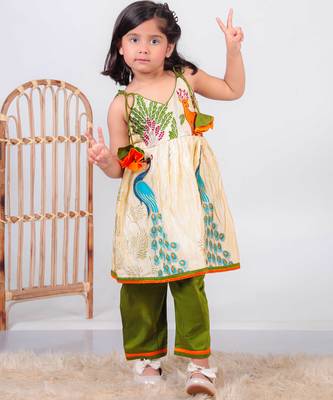 beige paithani silk kurti with green cotton silk pant for girls 4
