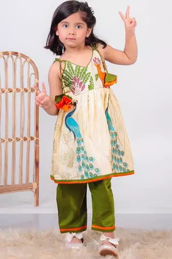 beige paithani silk kurti with green cotton silk pant for girls
