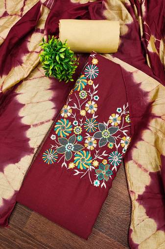 Stylish slub cotton embroidered dress material with dyable chanderi dupatta
