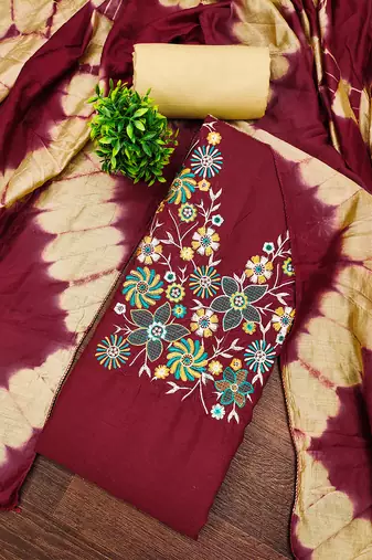 Stylish slub cotton embroidered dress material with dyable chanderi dupatta