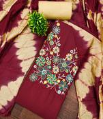 Stylish slub cotton embroidered dress material with dyable chanderi dupatta