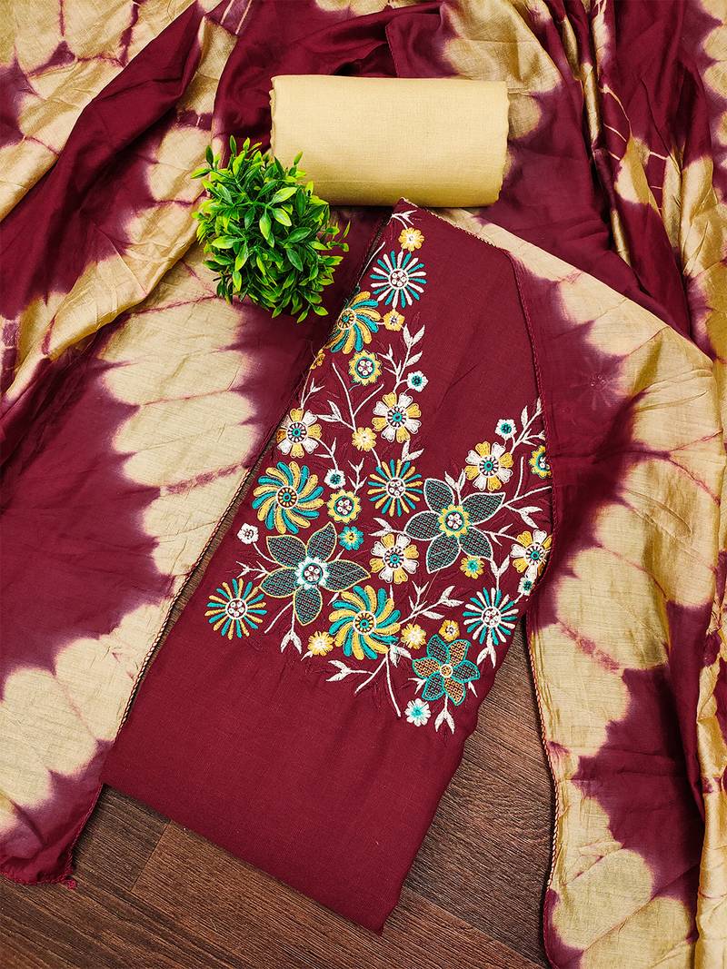 Stylish slub cotton embroidered dress material with dyable chanderi dupatta