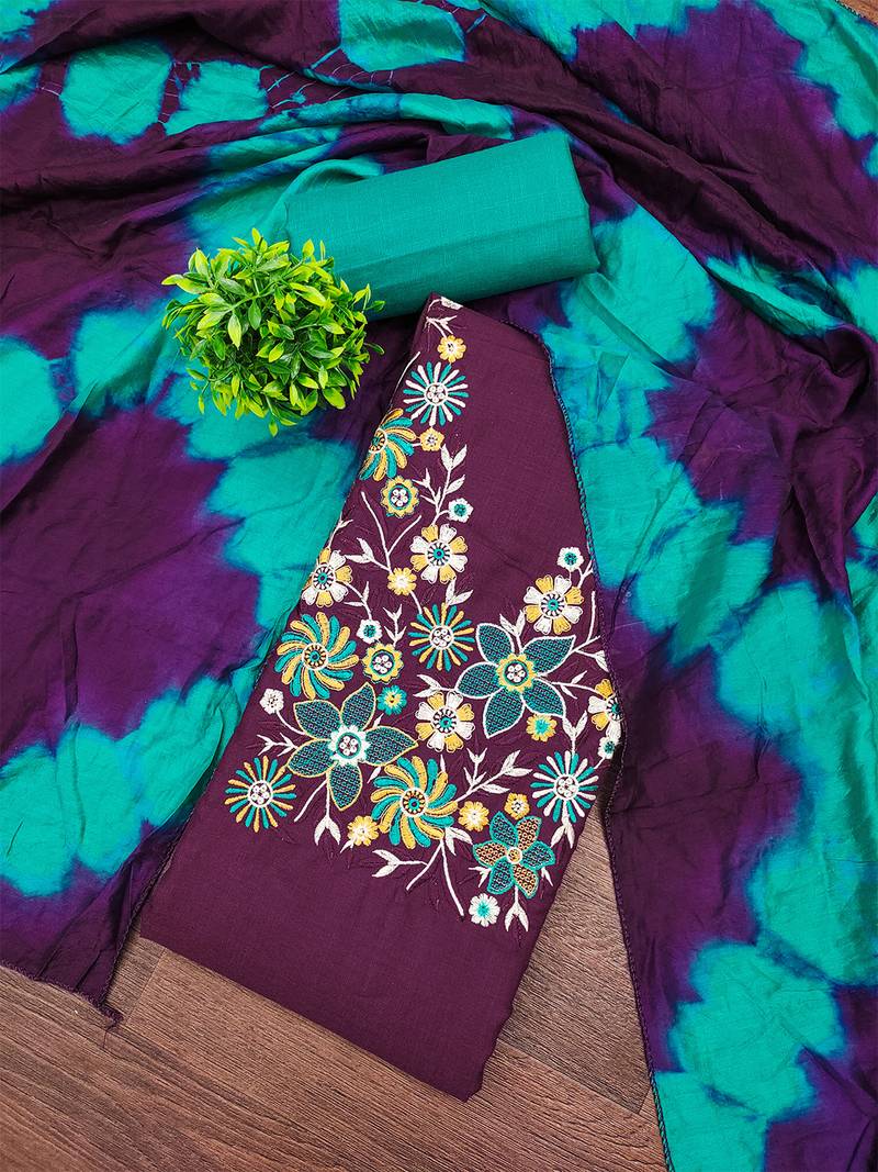 Stylish slub cotton embroidered dress material with dyable chanderi dupatta